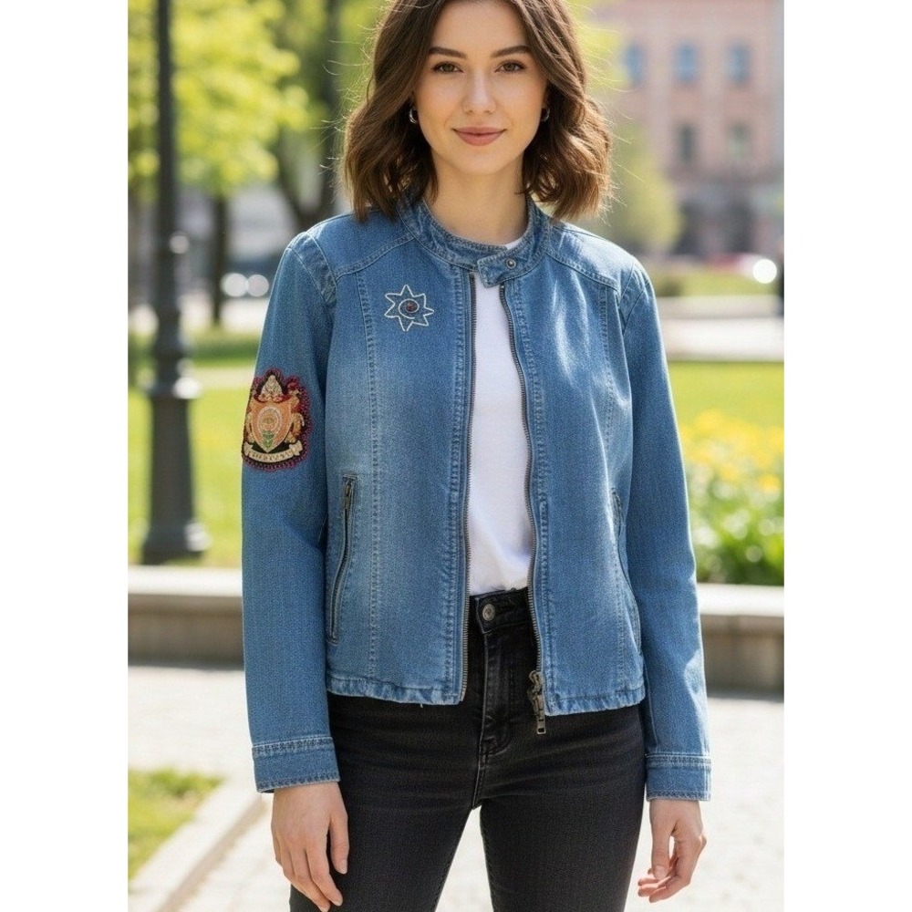 Y2K Baccini Denim Jean Jacket Women's L Blue Wash Sun Moon Embroidered Festival